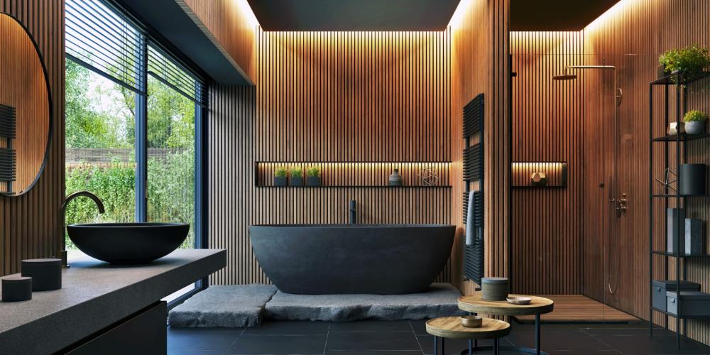 Salle de bain en pierre avec séparation en bois
